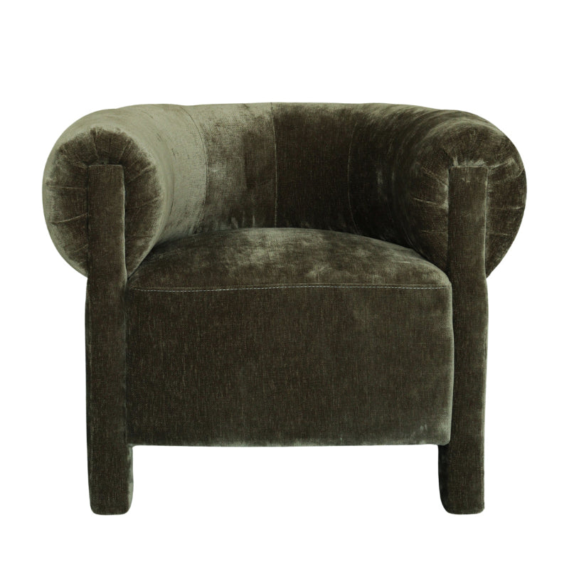 A dark olive green velvet armchair with a classic barrel-style design, featuring rolled arms, a padded seat, and short legs, shown against a plain white background.