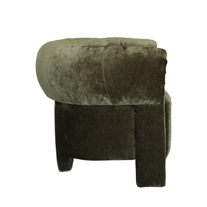 A modern upholstered accent chair with a rounded backrest, upholstered in a textured velvet fabric in a muted olive green color, shown against a plain white background.