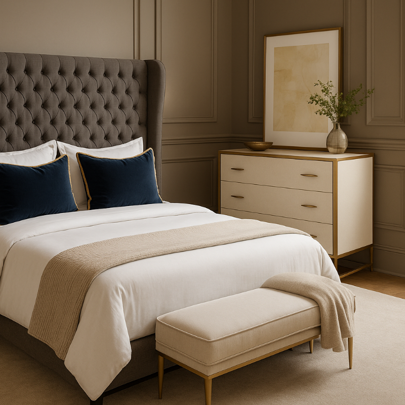 Neatly made bed with white bedding and blue pillows in a bedroom setting.