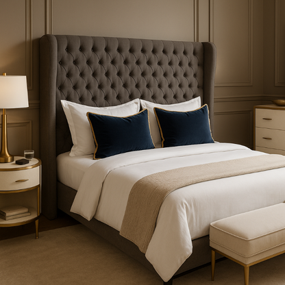 Neatly made bed with decorative pillows in a bedroom setting.