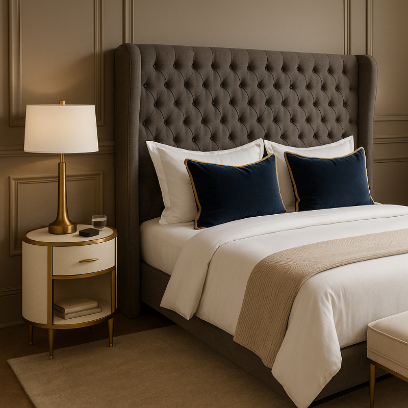 Bedroom with a tufted headboard, nightstand, and lamp.