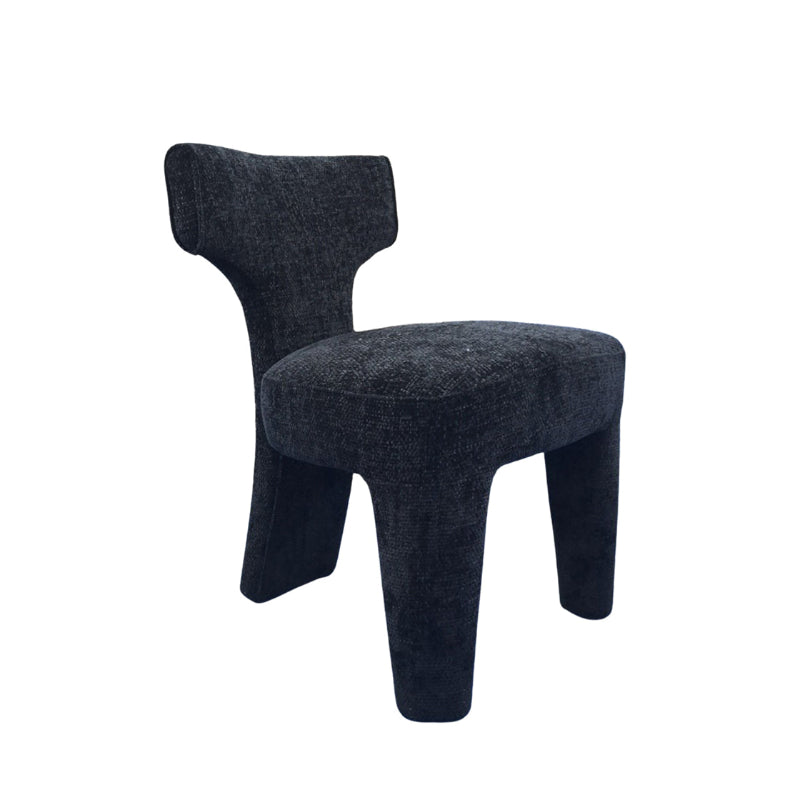 A modern sculptural upholstered chair in a dark charcoal gray textured fabric, shown from a three-quarters angle against a plain white background.