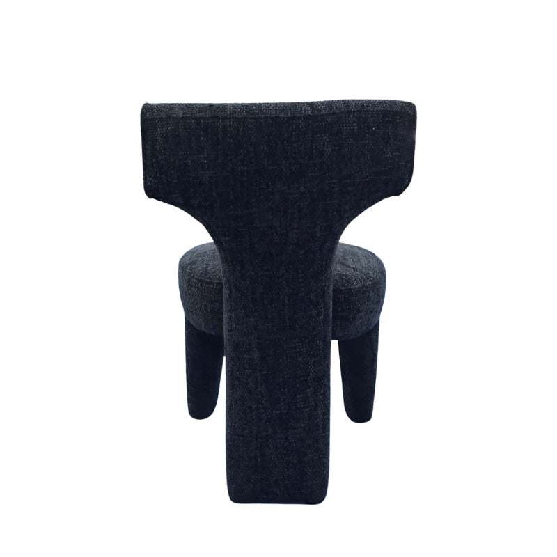 A modern sculptural T-shaped upholstered chair in a dark charcoal gray textured fabric, shown from the front on a plain white background.