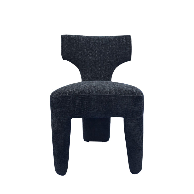 A modern sculptural upholstered chair in a dark textured fabric, shown from the front against a plain white background.