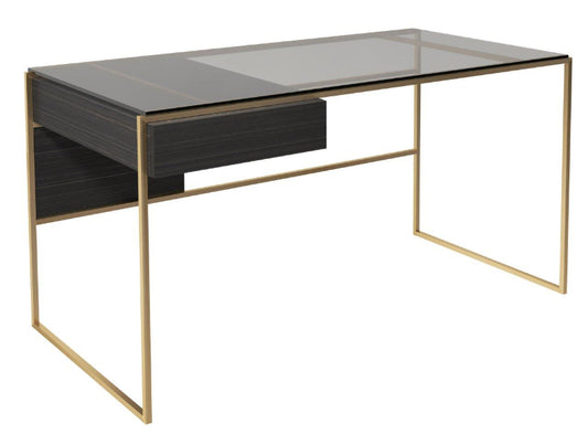 Gillmore Federico Glass Top, Black Stained Oak Drawer & Brass Frame Desk Table