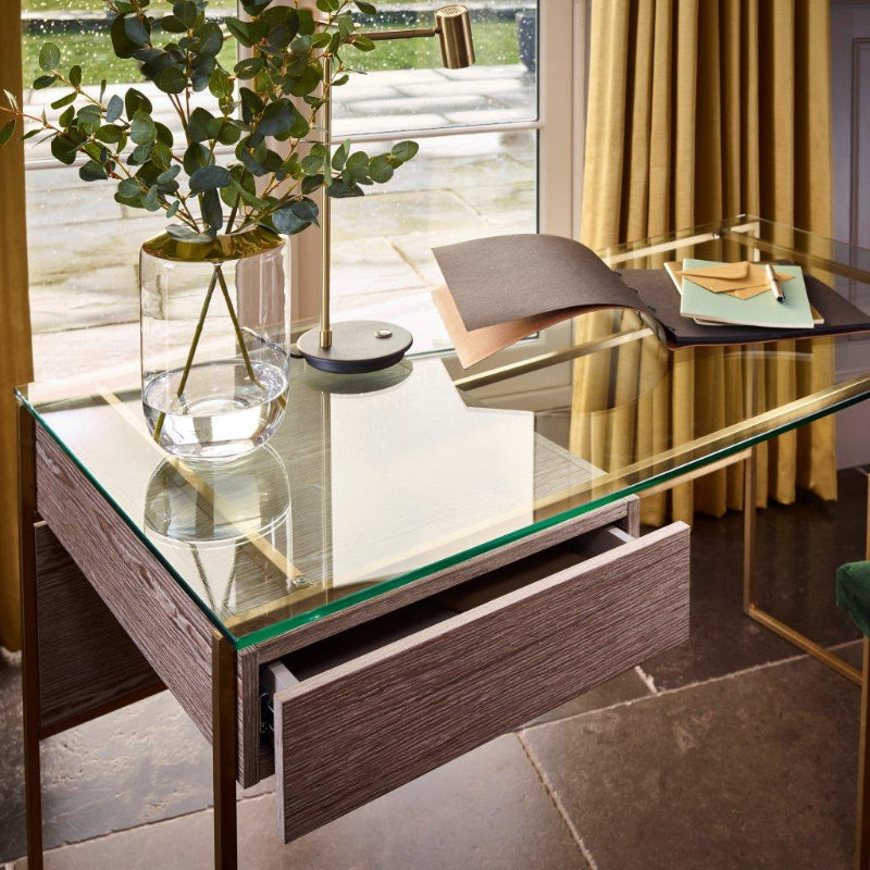 Gillmore Federico Clear Glass Top Weathered Oak Veneer Drawer & Brass Frame Desk Table