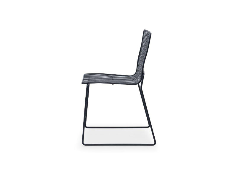 Modern chair with a black frame and woven seat on a white background