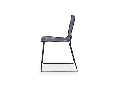 Modern chair with a black frame and woven seat on a white background
