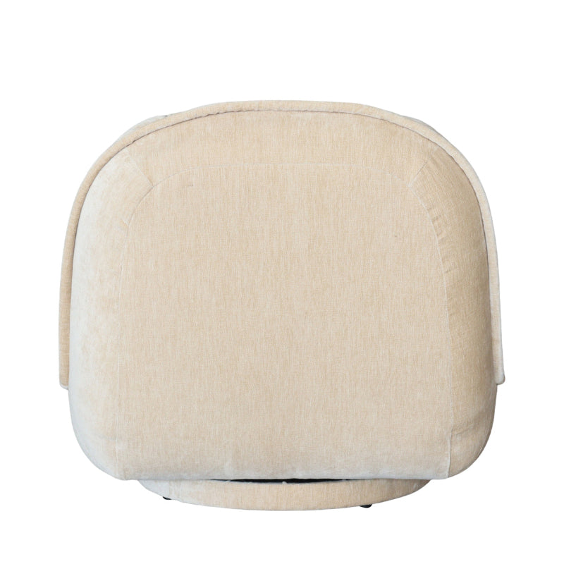 A close-up of a beige upholstered chair back, showing the fabric texture and curved top edge against a plain white background.