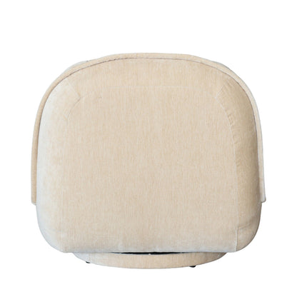 A close-up of a beige upholstered chair back, showing the fabric texture and curved top edge against a plain white background.