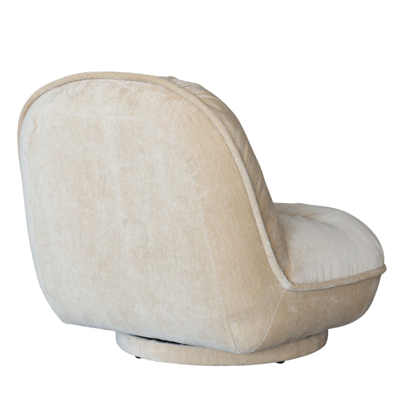 A modern low-profile swivel armchair upholstered in a textured cream or light beige fabric, shown from a three-quarters angle against a plain white background.