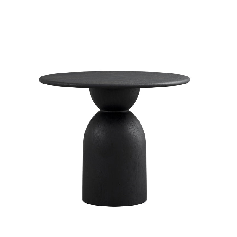A modern black side table with a round top and a sculptural, bulbous pedestal base, shown against a plain white background.
