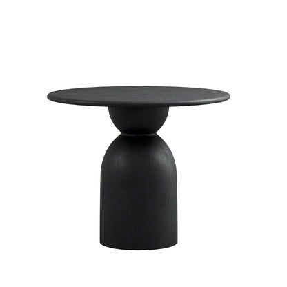 A modern black side table with a round top and a sculptural, bulbous pedestal base, shown against a plain white background.