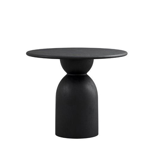 A modern black side table with a round top and a sculptural, bulbous pedestal base, shown against a plain white background.