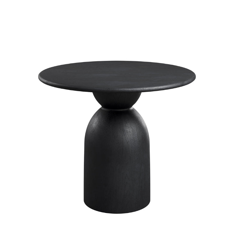 Black side table with a round top and cylindrical base on a white background