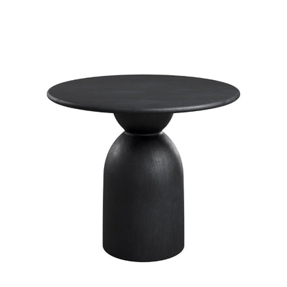Black side table with a round top and cylindrical base on a white background