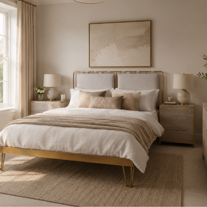 Neatly arranged bedroom with a bed, nightstands, and decorative elements.