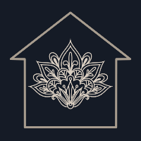 Decorative lotus flower inside a house outline on a black background
