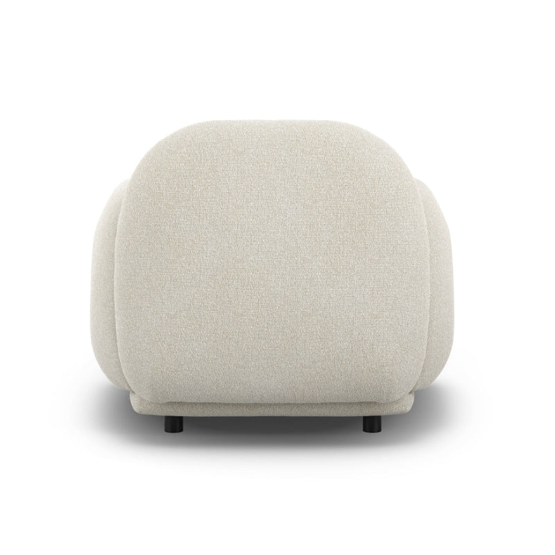 A modern rounded armchair upholstered in a textured light beige fabric, shown from the back against a solid white background.