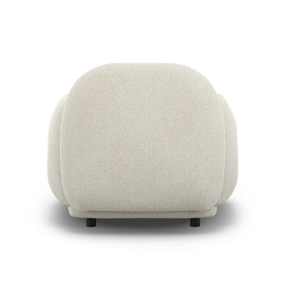 A modern rounded armchair upholstered in a textured light beige fabric, shown from the back against a solid white background.