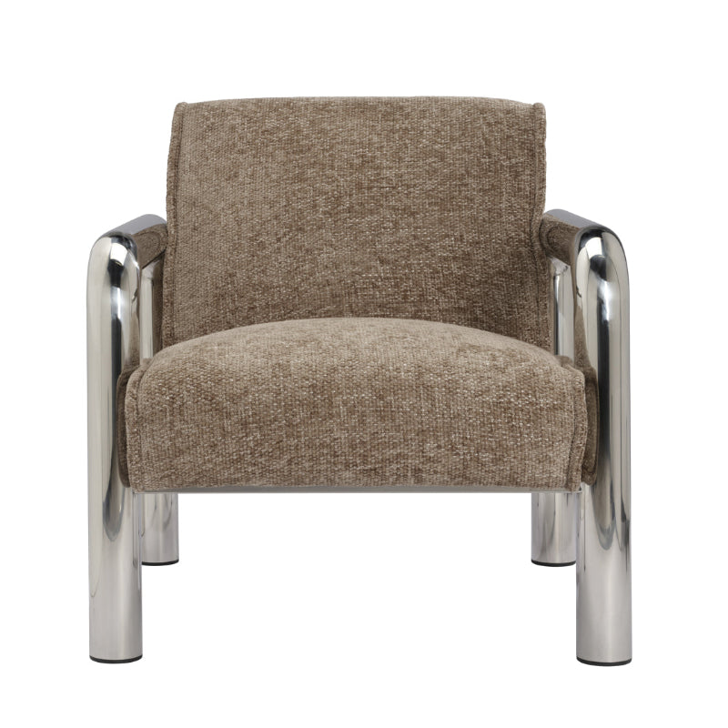 Chair with brown fabric seat and backrest and chrome frame on a white background