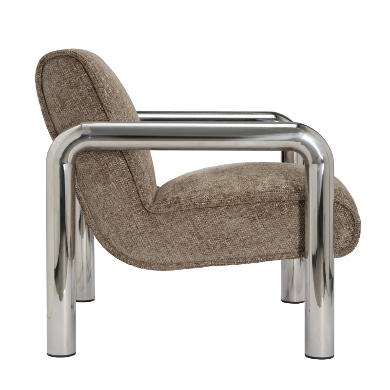 Chair with brown fabric seat and backrest and chrome frame on a white background