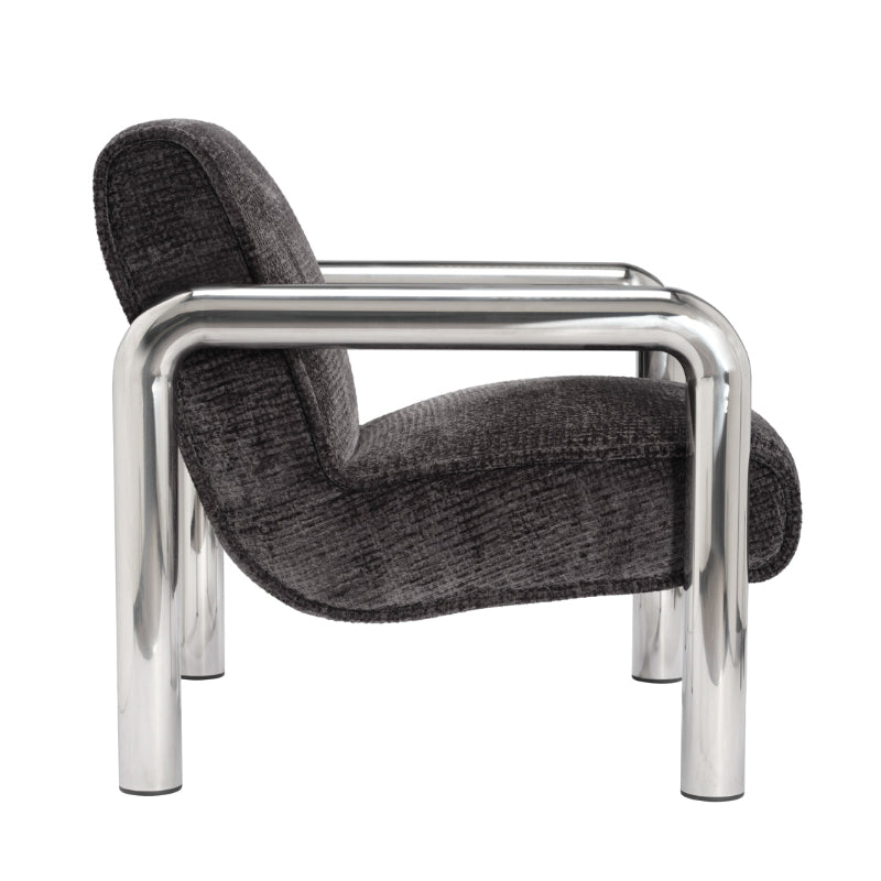 Modern chair with black upholstered seat and backrest, supported by chrome metal frame on a white background.
