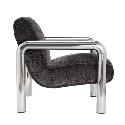 Modern chair with black upholstered seat and backrest, supported by chrome metal frame on a white background.