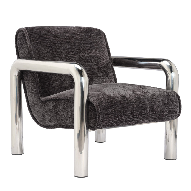 Black upholstered chair with chrome frame on a white background
