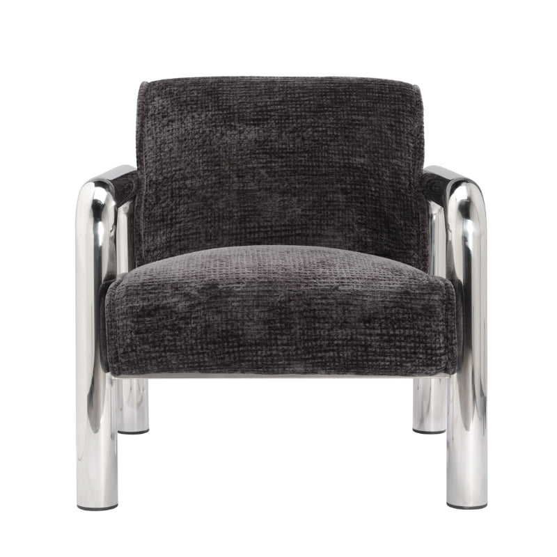 Black upholstered chair with chrome frame on a white background