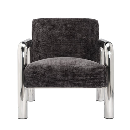 Black upholstered chair with chrome frame on a white background