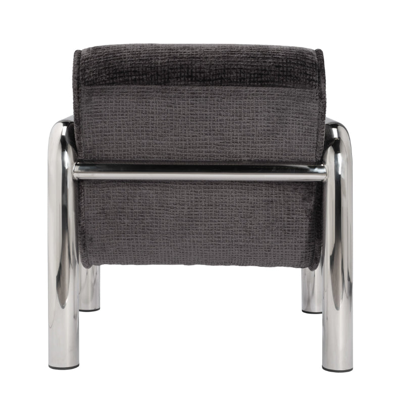 Black upholstered chair with chrome frame on a white background