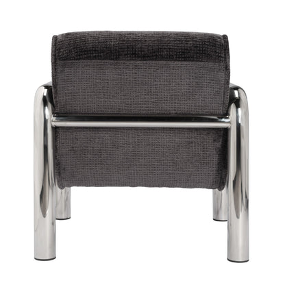 Black upholstered chair with chrome frame on a white background
