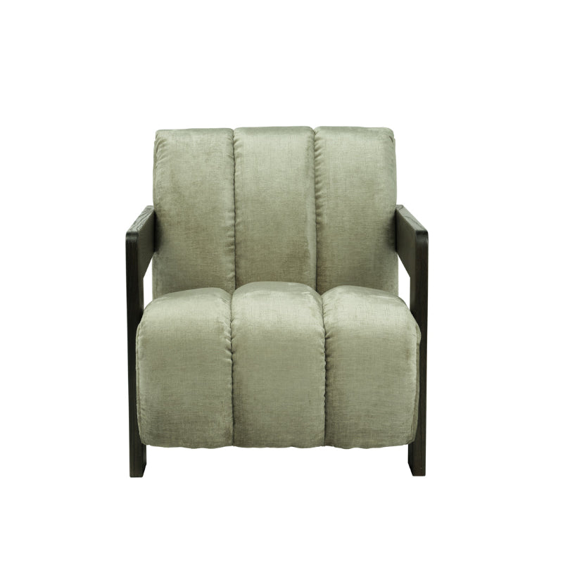 A modern armchair with a chunky, segmented tufted backrest and seat in a textured sage green fabric, supported by a dark brown wooden frame, shown against a plain white background.