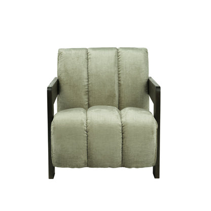 A modern armchair with a chunky, segmented tufted backrest and seat in a textured sage green fabric, supported by a dark brown wooden frame, shown against a plain white background.