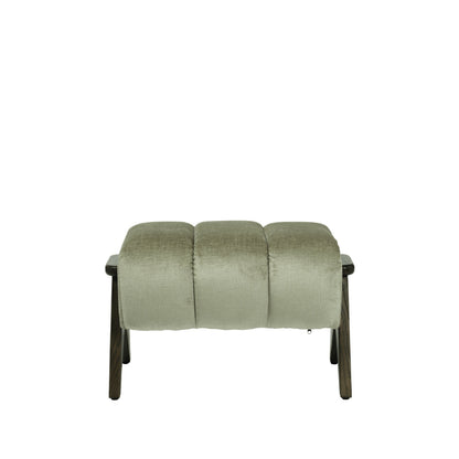 A modern upholstered foot stool with a three-segmented tufted seat cushion in a textured sage green fabric, supported by dark brown wooden legs, shown against a plain white background.