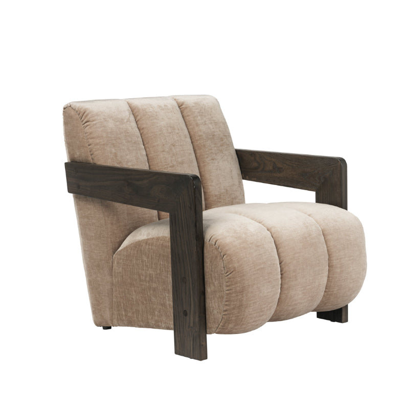 A modern armchair with a chunky dark wood frame and voluminous, segmented beige upholstered cushions, shown against a plain white background.