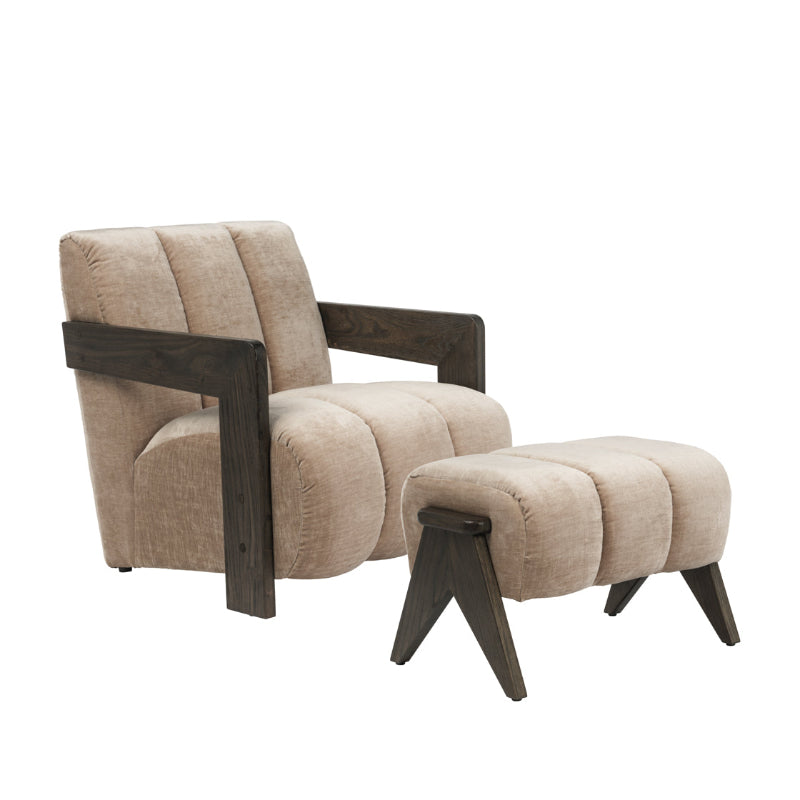 A modern upholstered armchair with a matching foot stool, featuring light beige textured fabric and dark brown wooden frame and legs, shown on a plain white background.