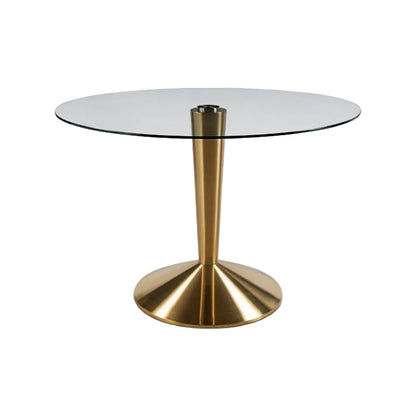 Round glass table with a gold metal base on a white background