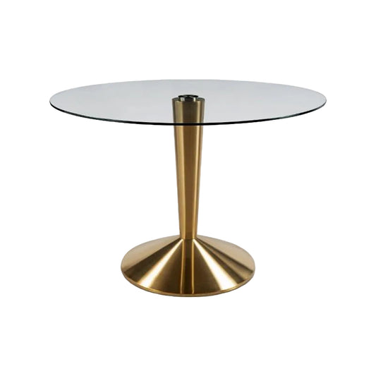 Round glass table with a gold metal base on a white background