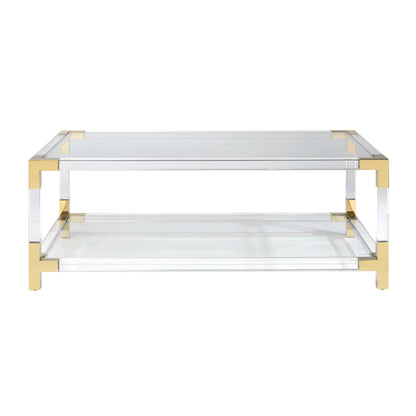 Acrylic coffee table with gold frame on a white background