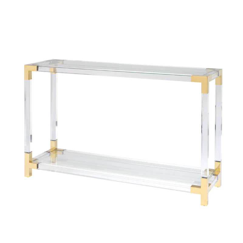 Acrylic table with gold accents on a white background