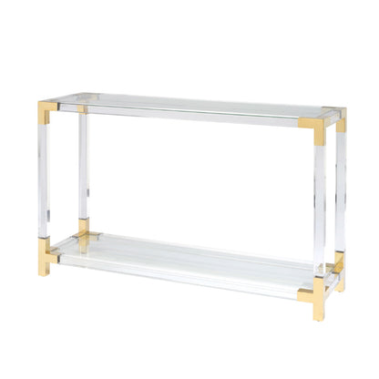 Acrylic table with gold accents on a white background