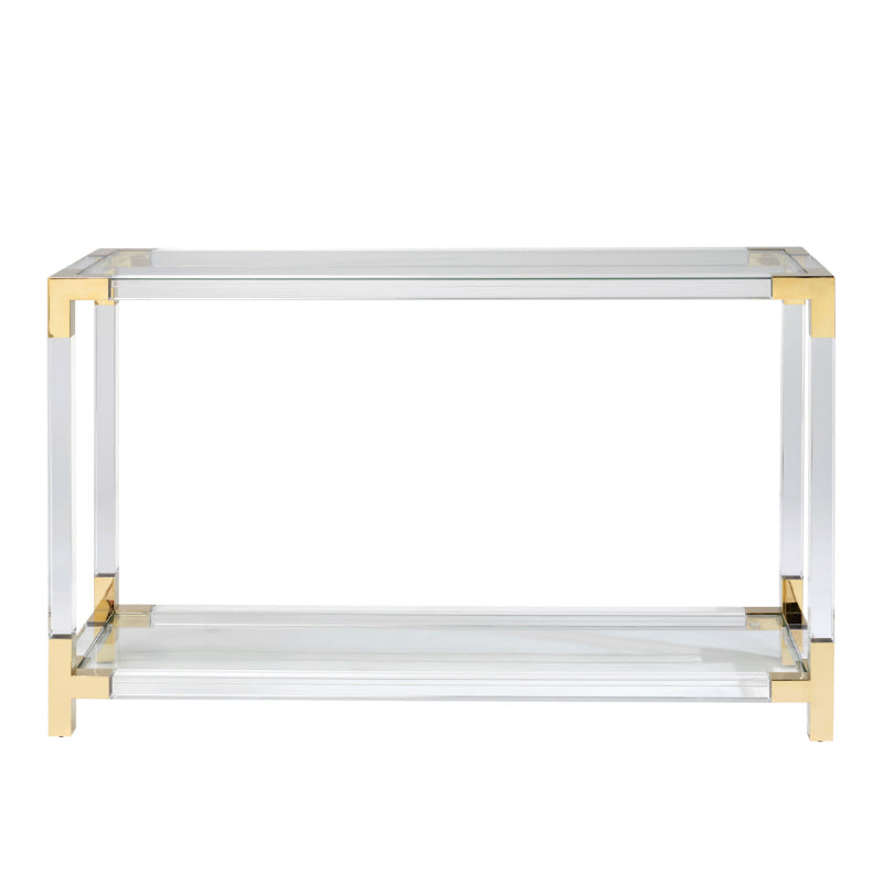 Acrylic console table with gold accents on a white background