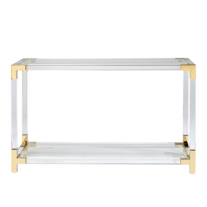 Acrylic console table with gold accents on a white background