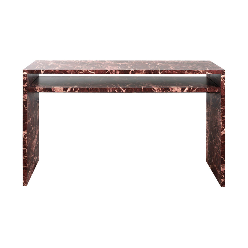 Marble console table with a red and brown pattern on a white background