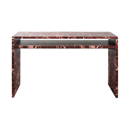 Marble console table with a red and brown pattern on a white background