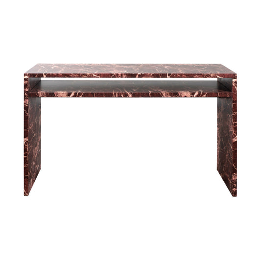 Marble console table with a red and brown pattern on a white background