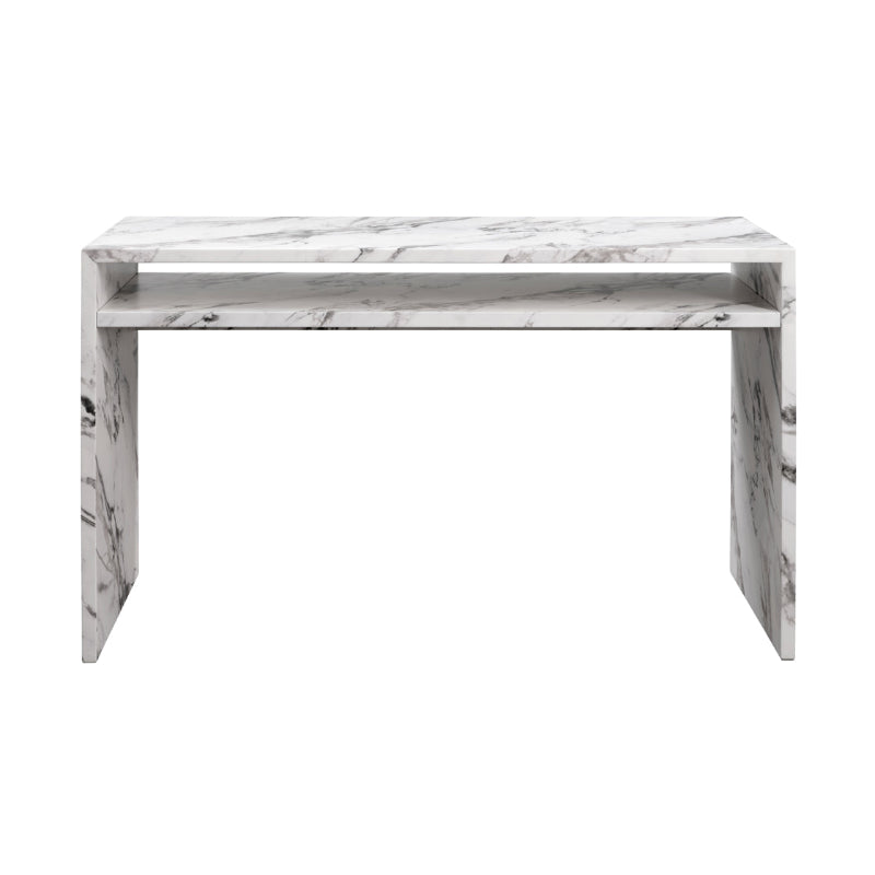 Marble-patterned console table on a white background