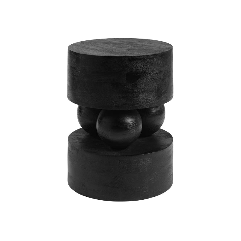 Black cylindrical and spherical wooden sculpture on a white background